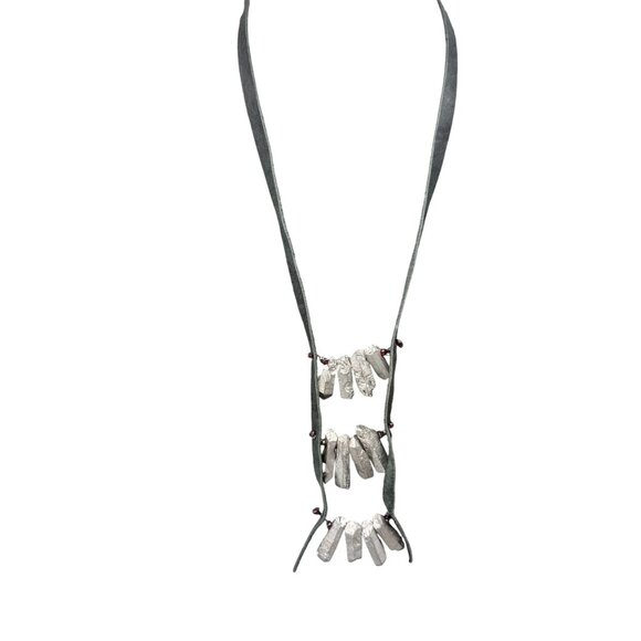 Silver Natural Crystal Black Leather Long Statement Necklace Boho Bohemian - Picture 1 of 8